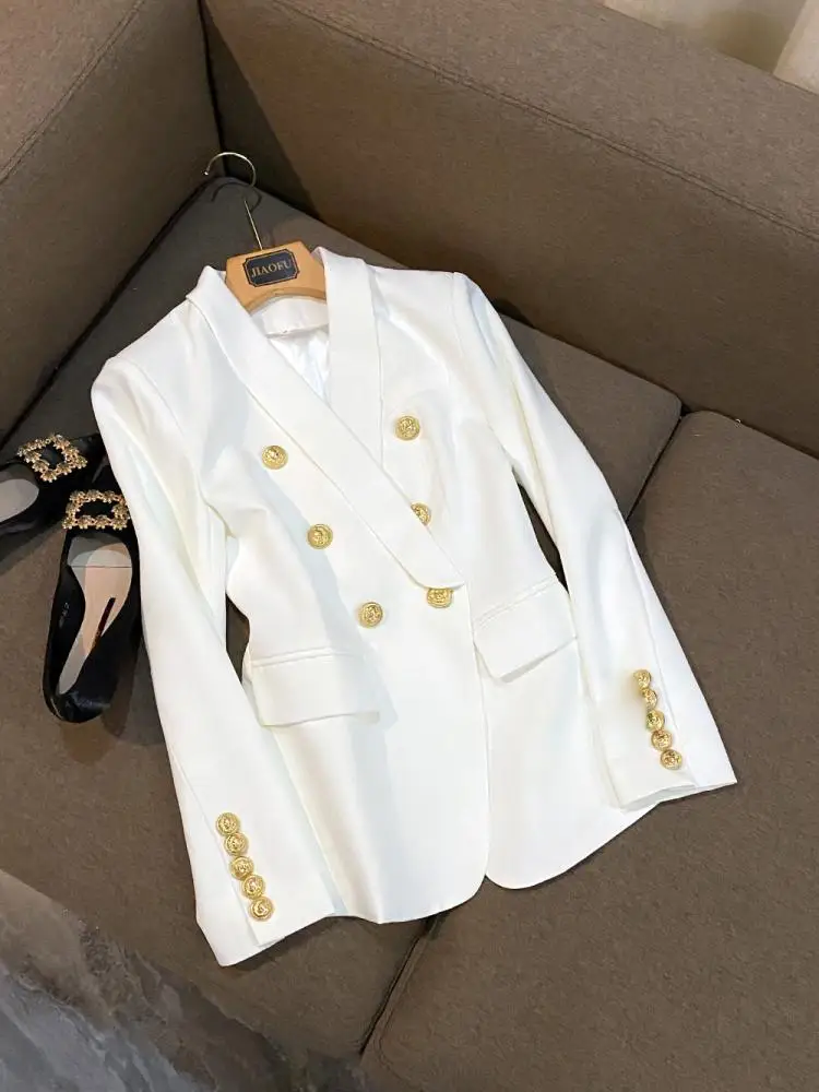 Ladies Summer Jacket Coat Lion Head Metal Button Double Row Button Qingguo Collar Suit A6742 Commute Style Slim Fit Long Sleeve