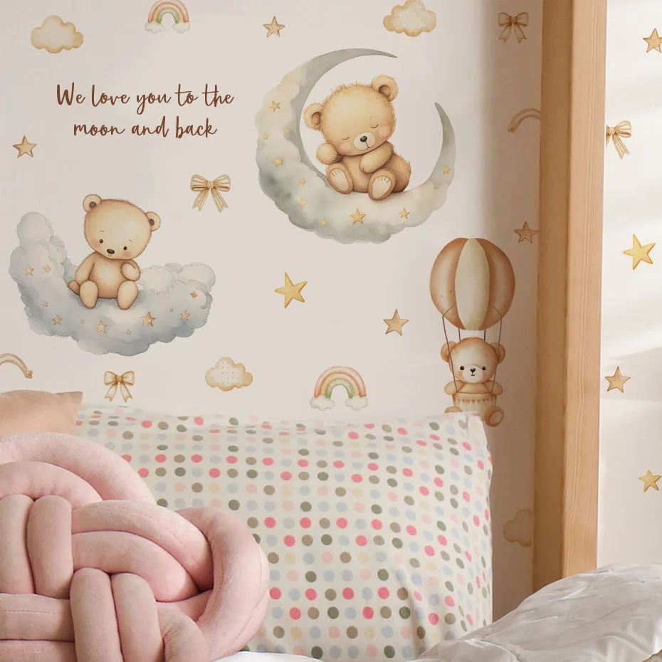 Cartoon Bear Good Night Kids Wall Stickers Baby Room Children Bedroom Wall Decals Clouds Moon Home Decoration Nursery Wallpaper