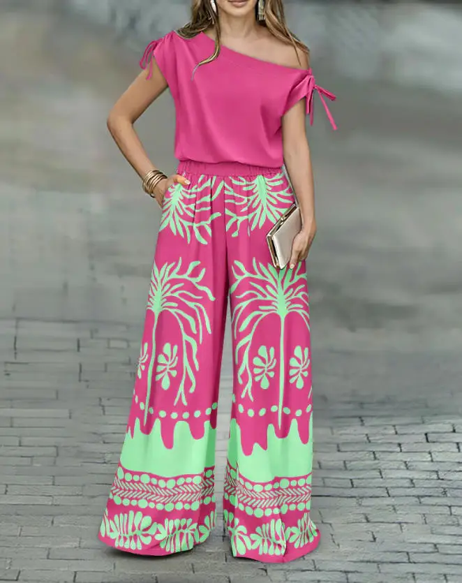 

Two Piece Set Women Outfit 2026 Spring New Skew Neck Drawstring Top & Tropical Print High Waist Pocket Design Wide Leg Pants Set