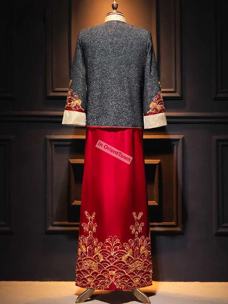 Red Black Long Sleeve Groom Toast Clothing Chinese Groom wedding Double Dragon Robe Men Jubilant Tang Suit Traditional Gown Boy