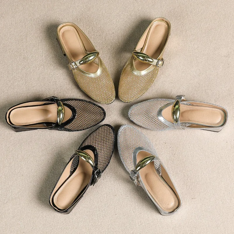 

Women Mesh Ballet Flats Fishnet Ballerina Flats Buckle Strap Slip on Ballerina Shoes Summer New Mesh Beach Slides Outside Mules