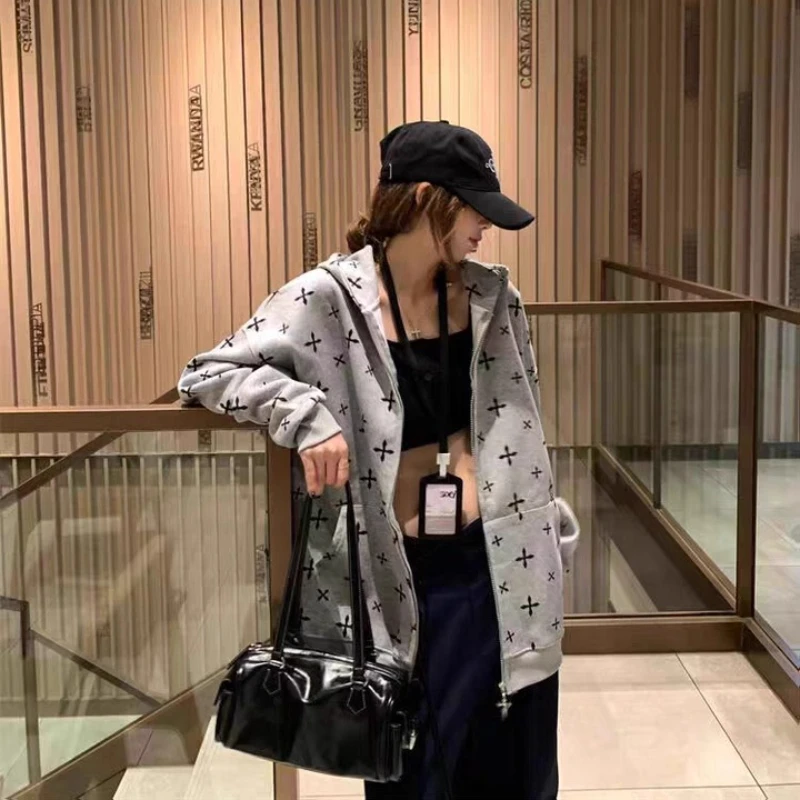 American Retro Full Print Women's Zipper Sweatshirt 2025 Autumn Winter New Design Loose Fit Slimming Versatile Hoodie Couples