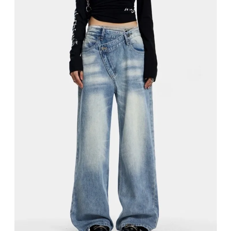 Washed Vintage Fake Two-Piece Twist Waist Jeans for Women Street Style Straight Loose Wide-Leg Pants