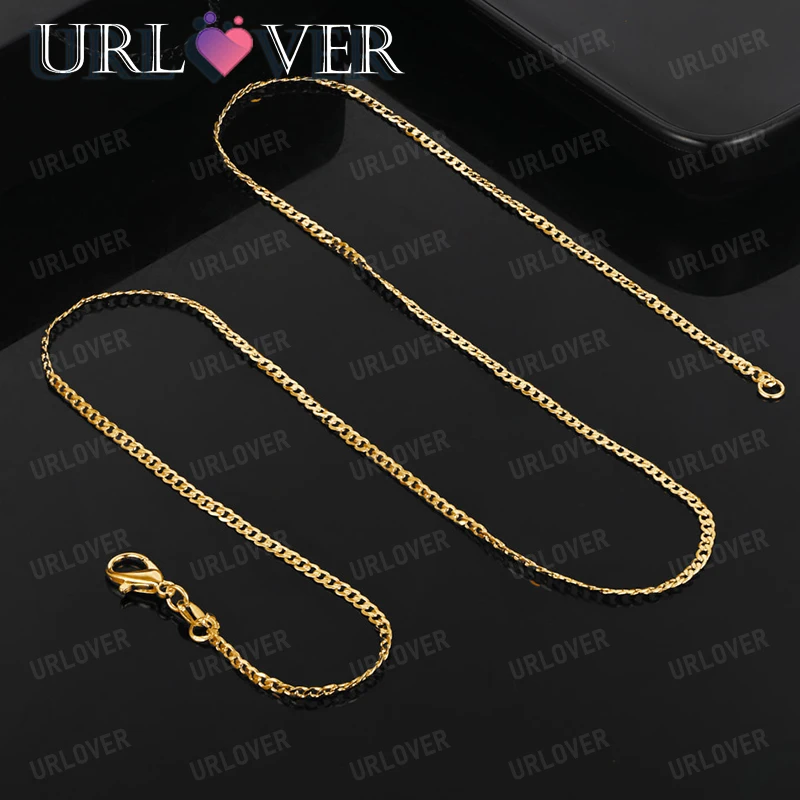 

URLOVER 18K Gold Necklace For Woman 2mm Cuban Chain Necklaces Lady Fashion Party Wedding Charm Jewelry Cute Birthday Gift