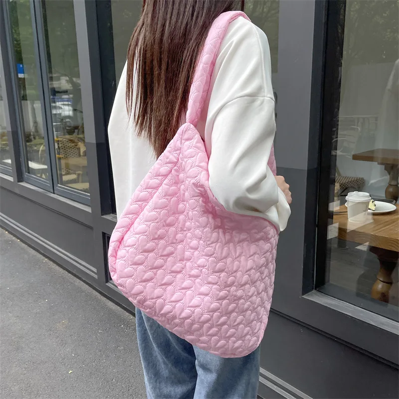 Vintage Nylon Love Tote Bag for Women, High Capacity, Crossbody Bag, Korean Version