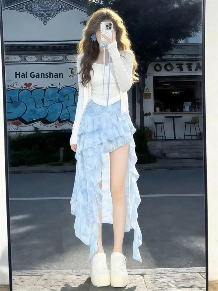 Early Summer Beautiful Dress Set Unique Sweet Dopa A-Line Skirt High Waist Elastic Waist Casual Commute Korean Style