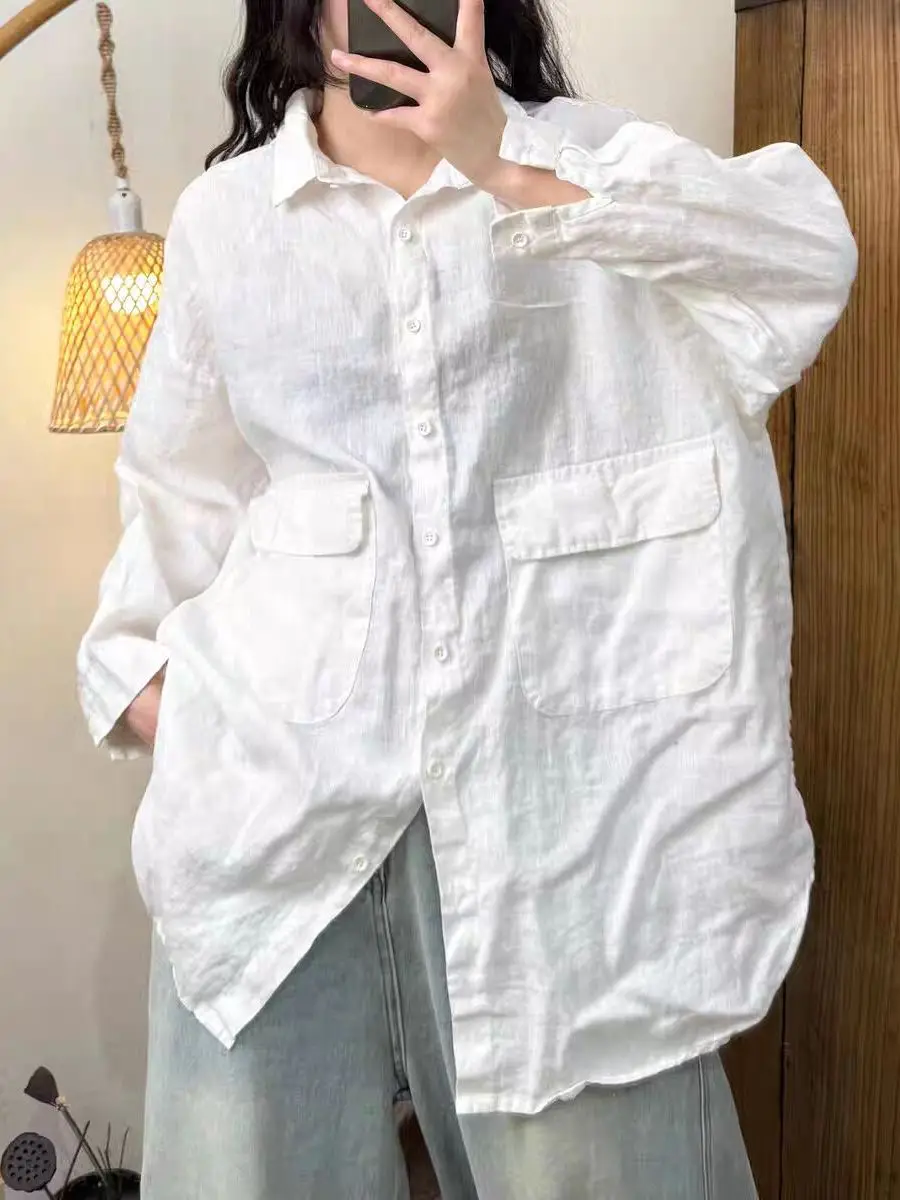 

Artistic Loose Large Size Linen White irt Women's Mid-Length Long Sve Big ket Pure Color irt Autumn Casual Commute