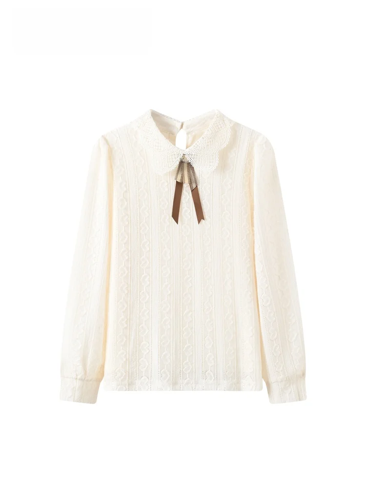 

Женская рубашка больших размеров с длинным рукавом, ажурным воротником-стойкой, из дышащего полиэфирного волокна, комфортная, средней длины