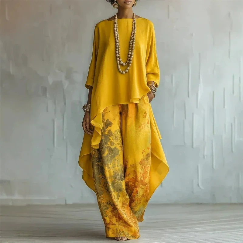 Print Pant Sets Women Loose Two Piece Set O Neck Tops Full Sleeve Irregular Top Wide Leg Pants Casual Suits Office Lady Autumn
