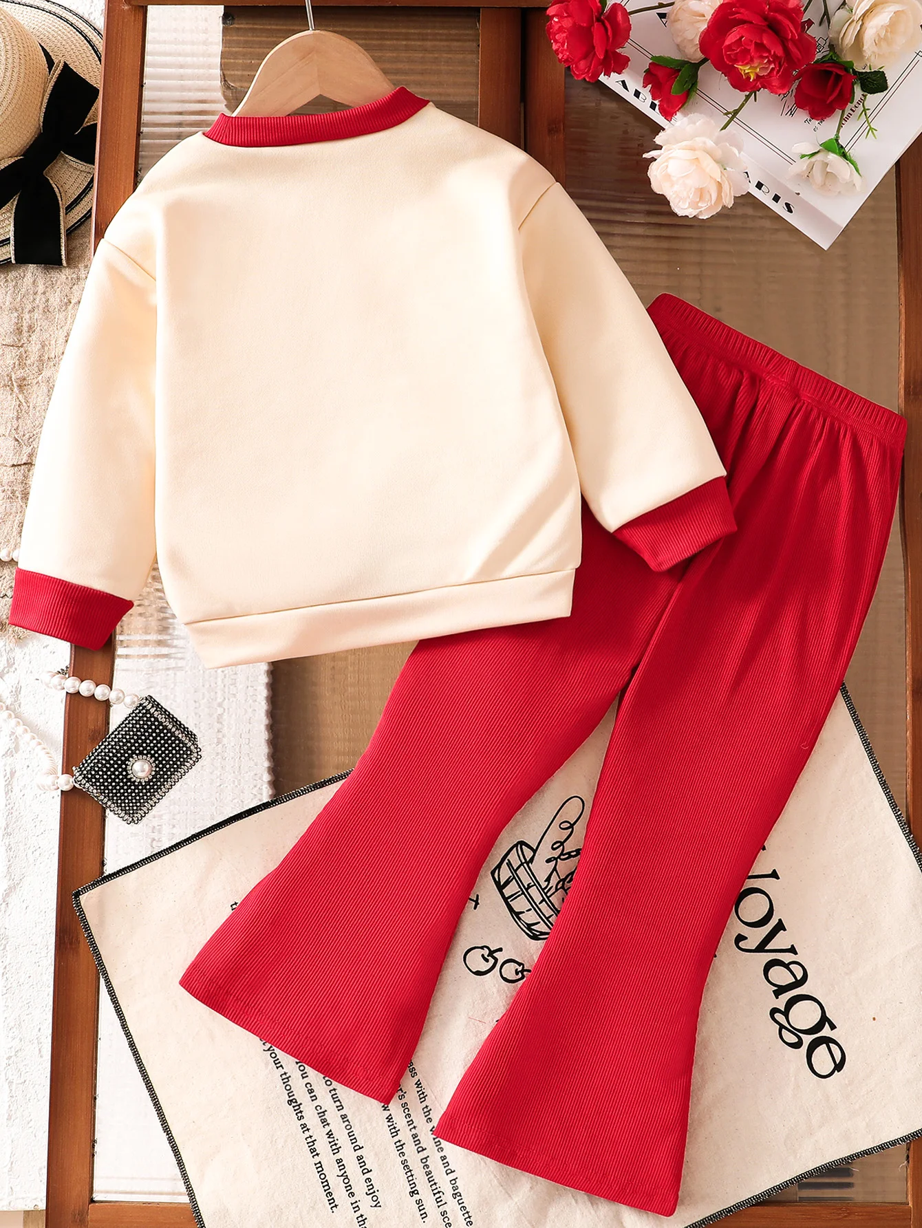 4-8Y Little Girls Color Block Crewneck Cherry Graphic Sweatshirt & Elastic Waist Ribbed Flare Pants 2Pcs Set