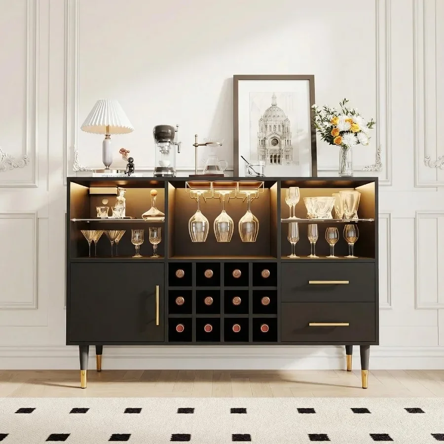 47 Wine Bar Cabinet with LED Lights Charging Station, Modern Coffee Bar Cabinet with Storage Drawers Wine Rack, Home Bar Cabine