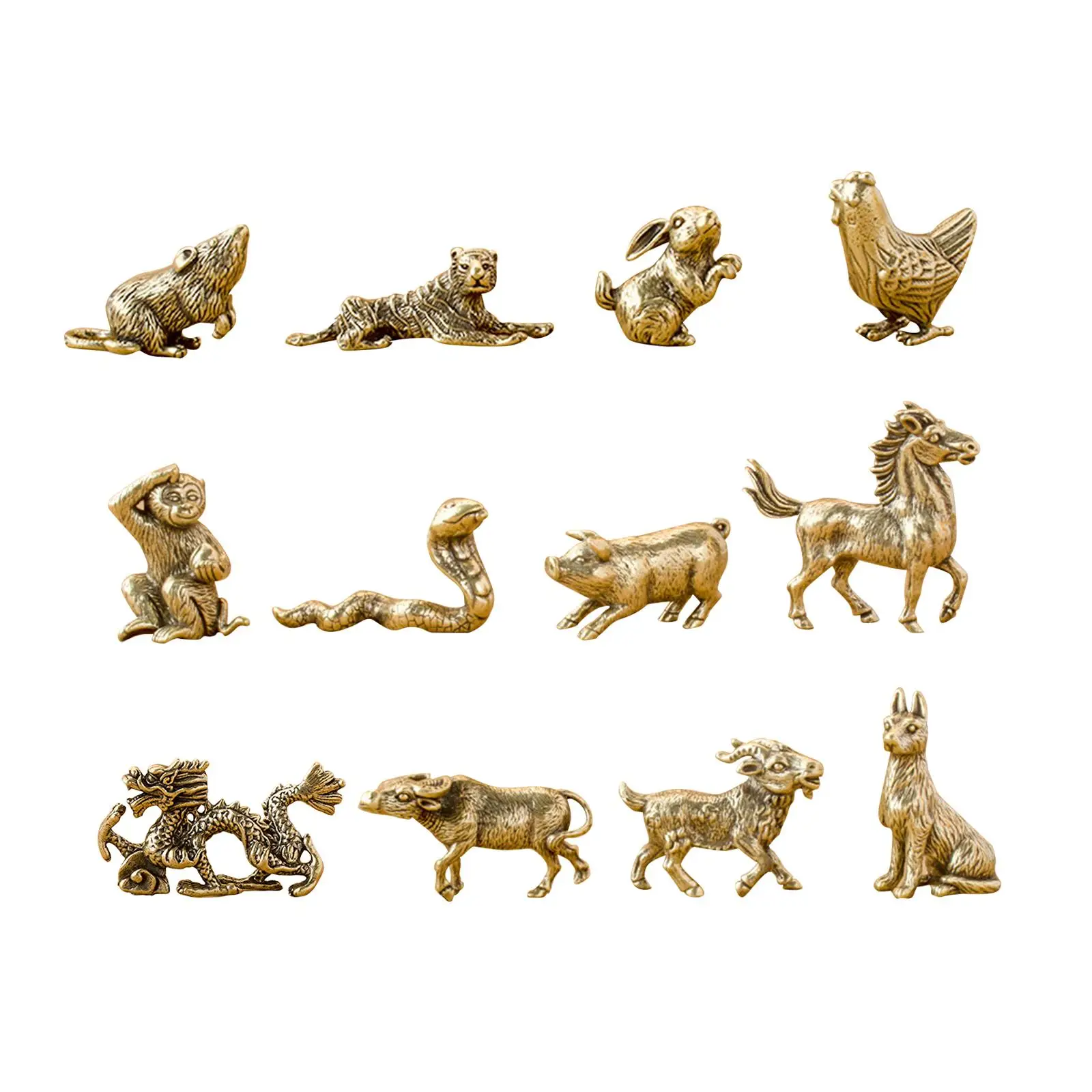 

12x Chinese Zodiac Set Brass Figurine Vintage Golden Statue Decorative Animals