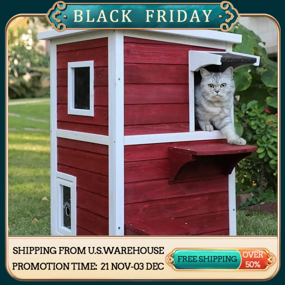 Outdoor Cat House Bed Cats 2 Story Outside Cat Shelter Condo Enclosure With Escape Door for Stray Feral Cats Weatherproof Kennel