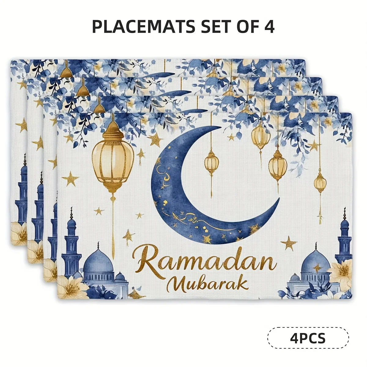 4pcs Ramadan Themed Illustration Placemats, Blue and White with Moon and Lantern Elements, Featuring 