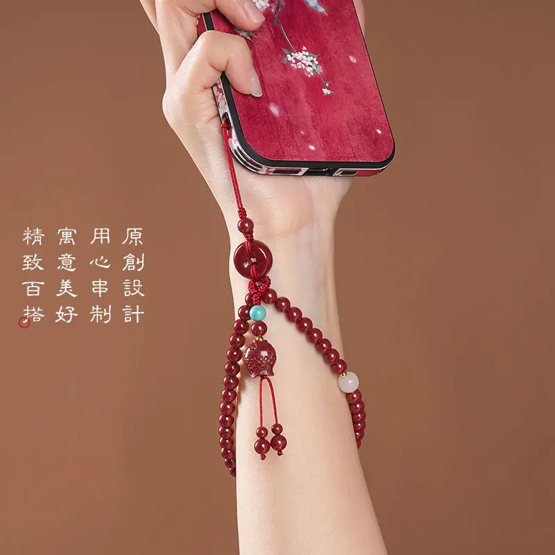 Pingente de corda pendurada cinábrio para mulheres, conteúdo estilo chinês, pérola de areia roxa natural, corrente pequena para celular
