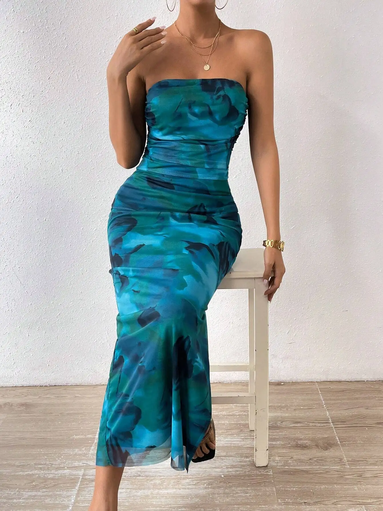 Robe Bandeau plissée et Sexy pour femmes, imprimé floral, coupe cintrée, avec fente latérale, tenue Maxi d'été pour femmes