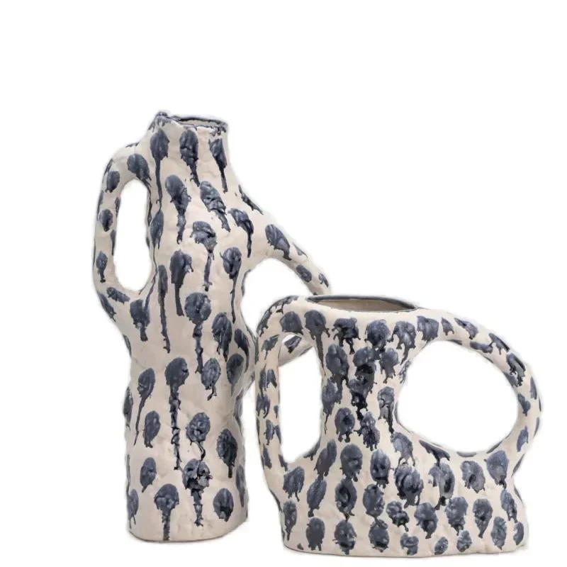 

Creative hand-painted glazed blue spot ceramic vase French medieval binaural flower arrangement living room dining table art