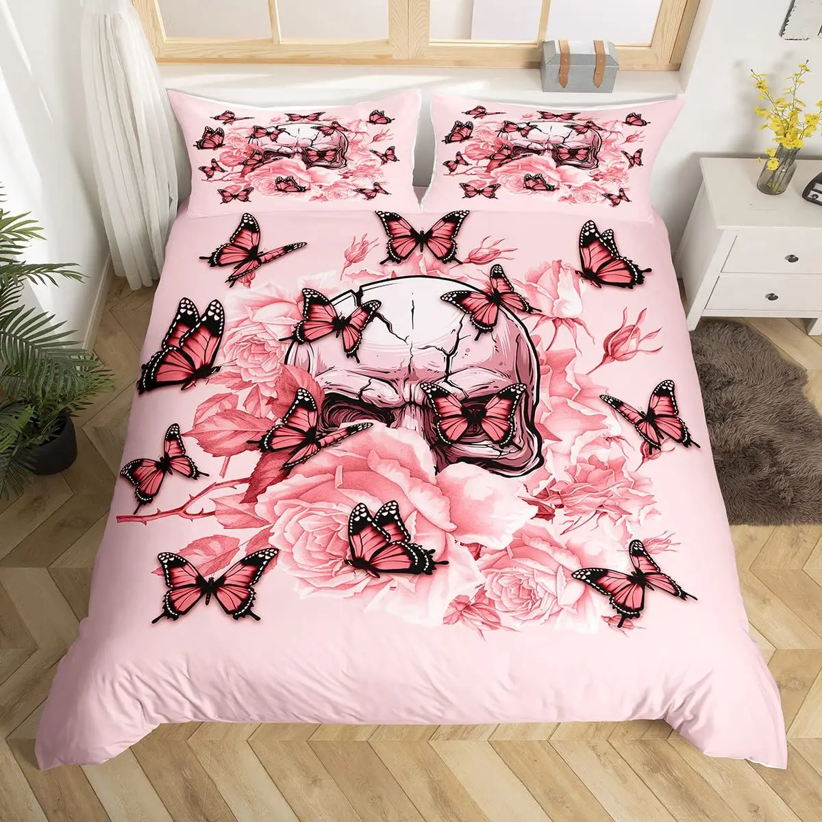 Sugar Skull King Queen Duvet Cover Butterfly Bedding Set Pink Rose Floral Gothic Skeleton Quilt Cover Bone Polyester Quilt Cover