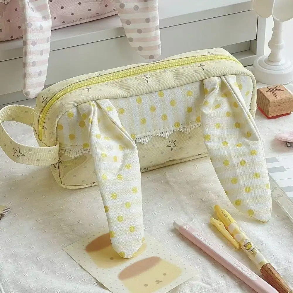Aesthetic Rabbit Ear Pencil Case Zipper Closure Multi Pocket Stationery Pouch Durable Large Capacity Pen Storage Bag