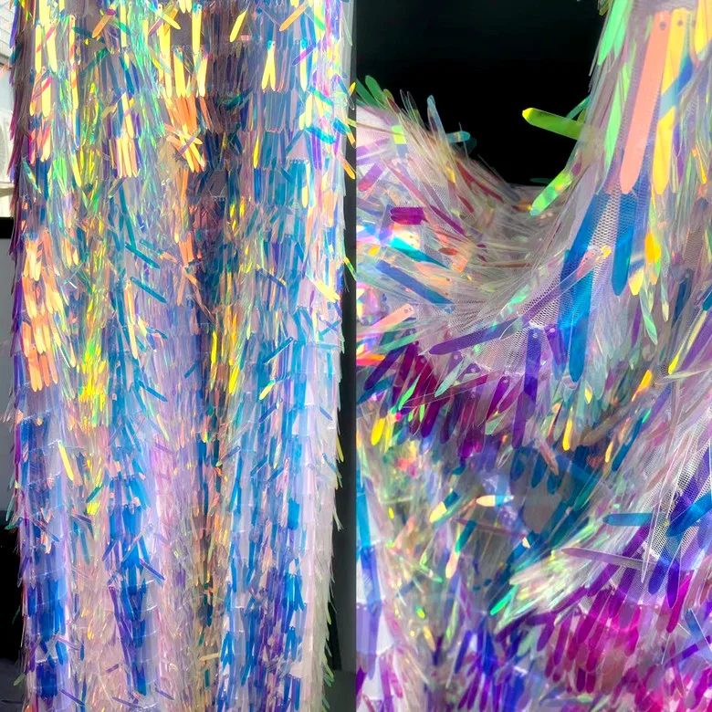 1Yard price Dancing fairy tassel long sword shape phantom pink sequin fabric dress performance suit designer fabric