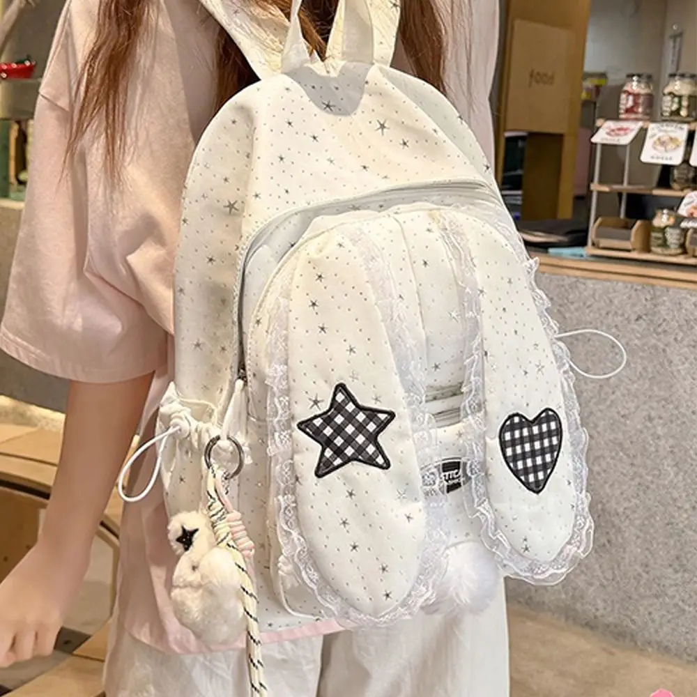 Fashion Nylon Rabbit Ear Backpack Polka Dot Large Capacity Student's Backpack Lace Travel Rucksack for Students Girls