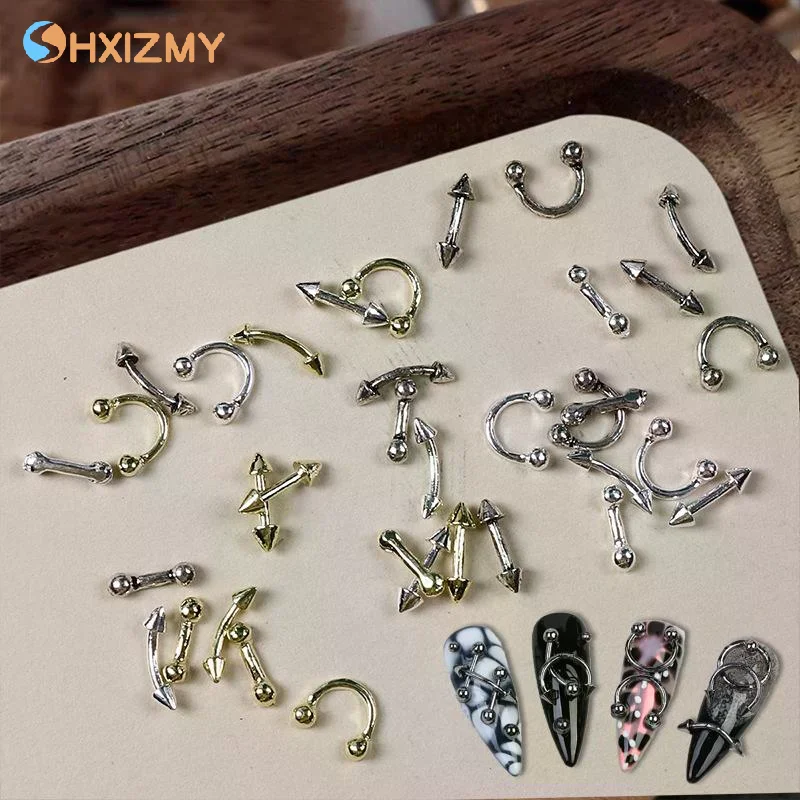 20Pcs Nail Charms Design Punk Style Nail Parts Alloy Studs Gold Silver Curve Arrow Rivet Decoration Nails Art Accessories
