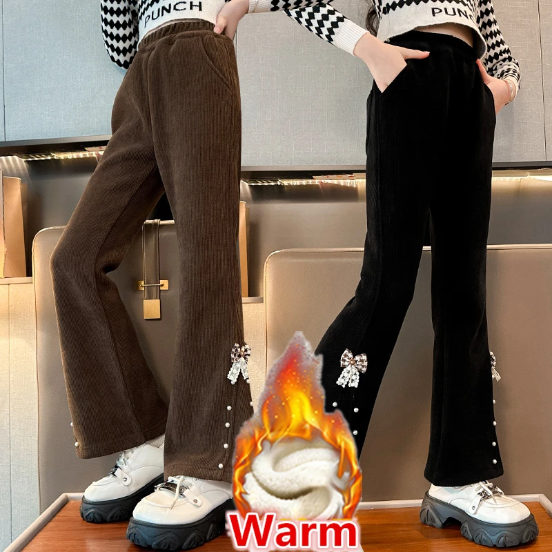 Children Insulated Velvet Flared Pants with Bow for Tween Girl Slim Fit Bootcut Thermal Trousers Kids Winter Warm Casual Bottoms