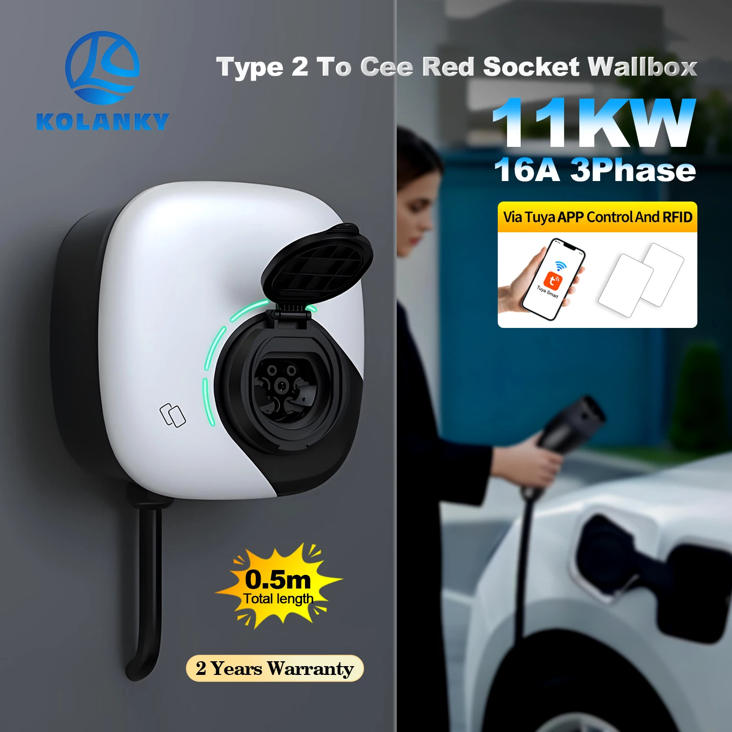Kolanky 16A 11KW Type 2 EVSE Wall box Type 2 To Cee Red Socket 32A 22KW Tuya App Wifi RFID Card Charging Electric Vehicle Cars