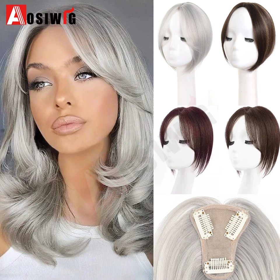 AOSI Synthetic Grey Hair Piece Invisible Seamless Short Straight Wig Bangs Clip Overhead Invisible Replacement Cover White Hair