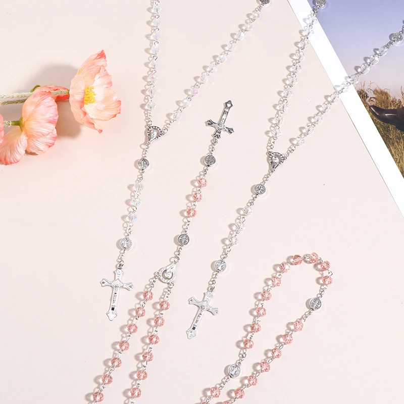 Hot Selling Pink Crystal Cross Prayer Bead Pendant Necklace Transparent Rainbow Crystal Necklace Accessory For UNISEX