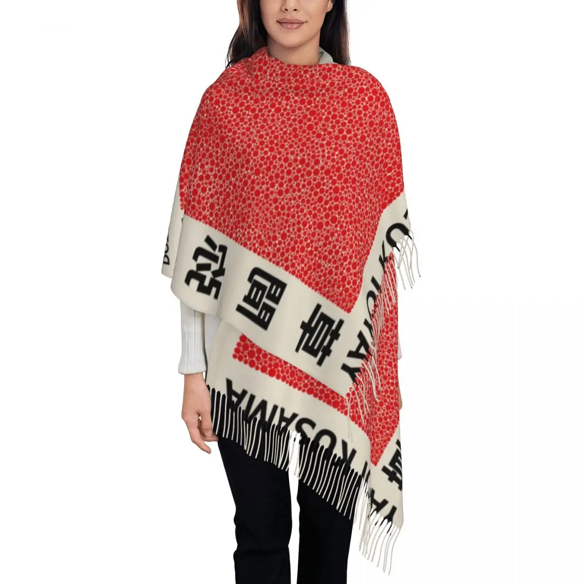 

Красный шарф с кисточками Yayoi Kusama, женский мягкий шарф с абстрактной живописью, женские зимние шарфы