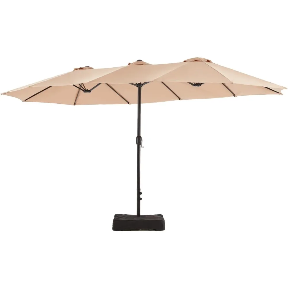 15-foot outdoor patio double-sided market umbrella with stand and base, outdoor umbrella with crank, beige