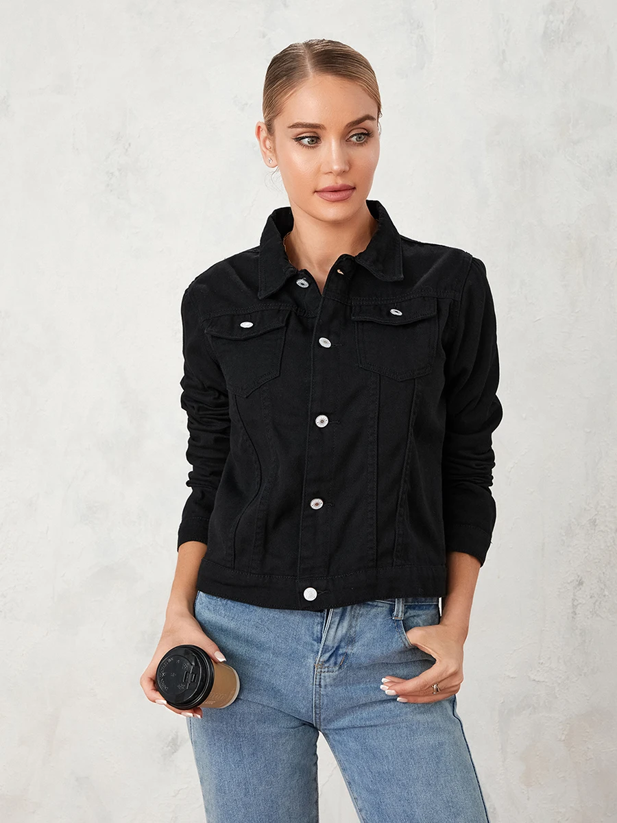 Women s Western Style Jacket Casual Vintage Cropped Long Sleeve Collar Jean Jacket Button Down Chest Pocket Jean Jacket