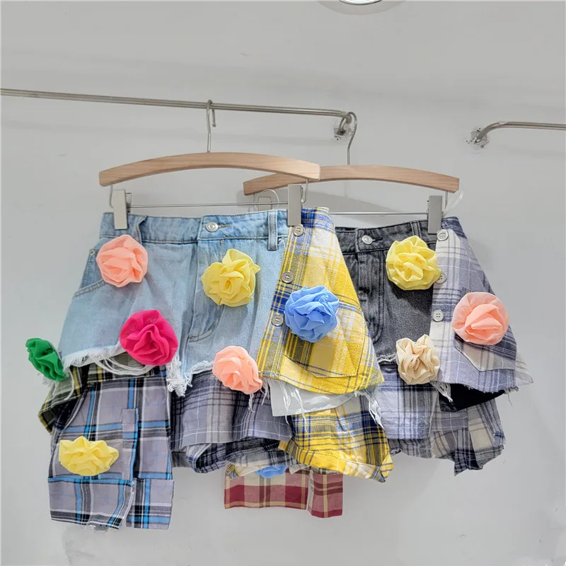 

Women 3D Flowers Blue and Yellow Plaids Spliced Denim Shorts High Waisted A-line Irregular Patchwork Checked Floral Jeans Skirt