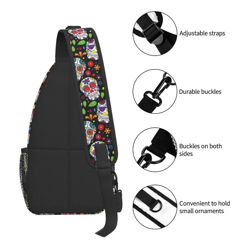 Colorido crânio de açúcar padrão flor estilingue saco no peito dia dos mortos ombro crossbody mochila para homem viagem caminhadas daypack