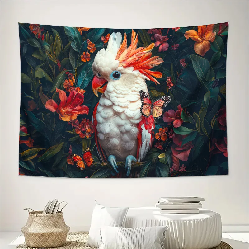Bohemian Macaw Jungle Tropical Rainforest Tapestry Wall Hanging Art Print Vibrant Boho Decor for Living Room Bedroom Cabin Style