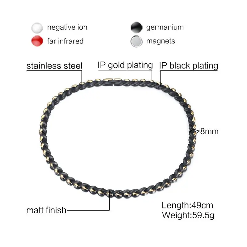 Magnetic Long Necklace Male Black Gold-color Chain 49cm Health Energy Magnet Therapy Mens Arthritis Heart Jewelry Waterproof