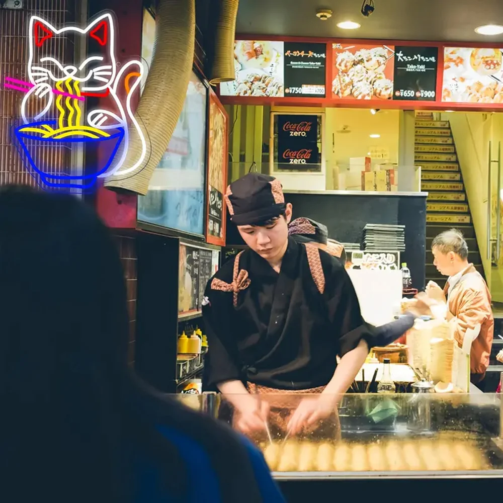 Señal de neón de Ramen de gato de La Fortuna, Led de fideos japoneses, regulable, señal de pared, luz de neón iluminada, para barra de Casa Resturant