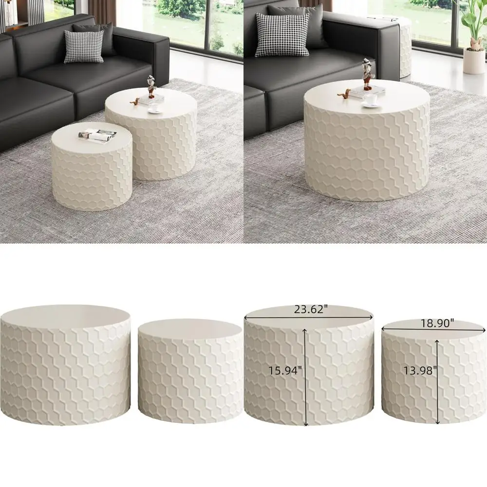 

2-Piece Modern Honeycomb Nesting Coffee Table Set, Circular Accent Tables