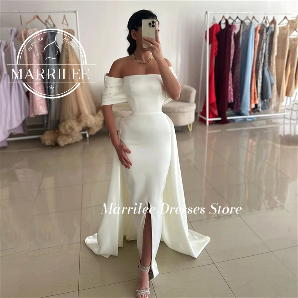 

Marrilee Sexy Off The Shoulder Stain Meimaid Front Slit Evening Dress Floor Length Simple Pleats Formal Occasion Prom Party Gown