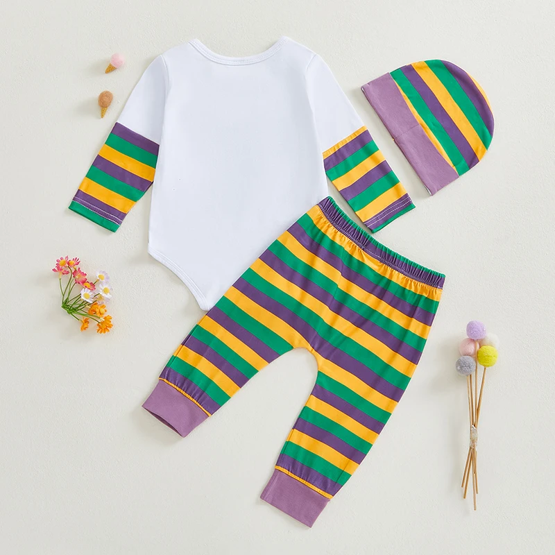 Baby Boy Mardi Gras Outfit Letter Print Long Sleeve Rompers and Elastic Striped Pants Hat Set Spring 3 Piece Clothes