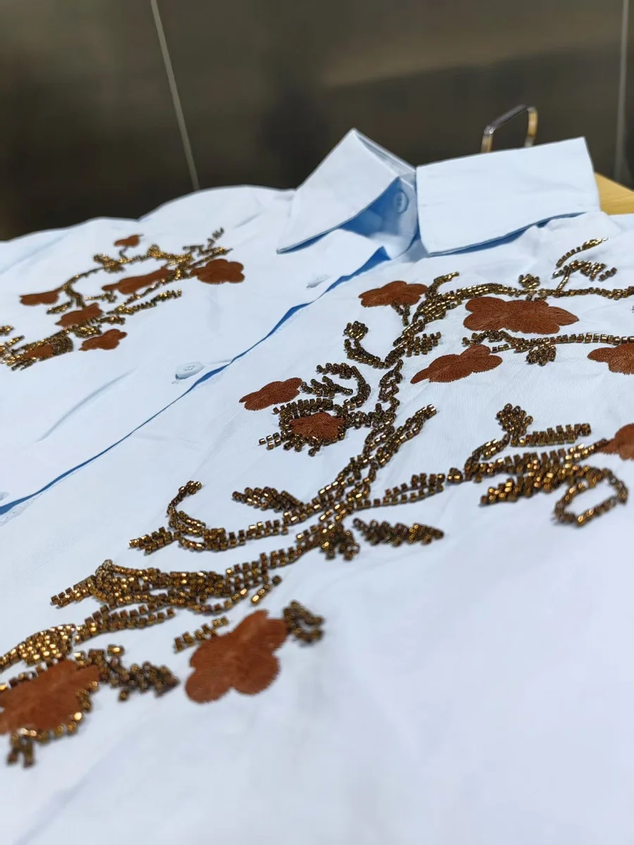 

Luxury Brand Design Sequins Embroidery Cotton Blouses Shirts Women 2026 Spring Autumn Summer Trend Full Sleeve Tops Blusas