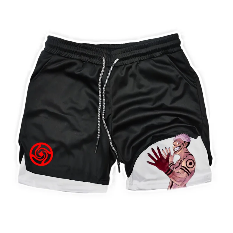 

Новые летние мужские спортивные шорты Jujutsu Kaisen с аниме графикой, 2 в 1, компрессионные шорты для мужчин, быстро сохнущие, для спортзала