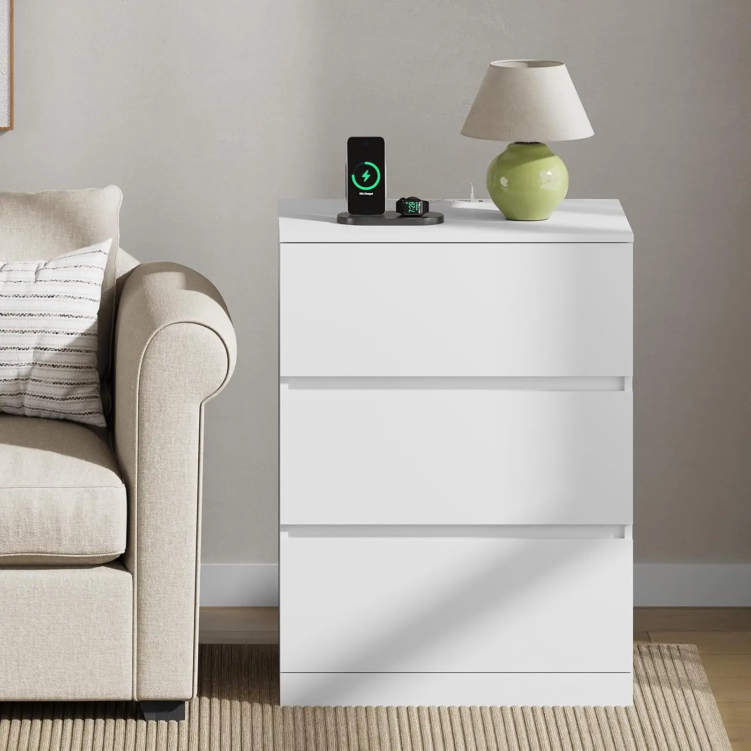 Nightstand Set of 2 Charging Station Hidden Drawer 4 Storage Drawers 26 H White luxury Modern Bedroom Bedside Table Custom