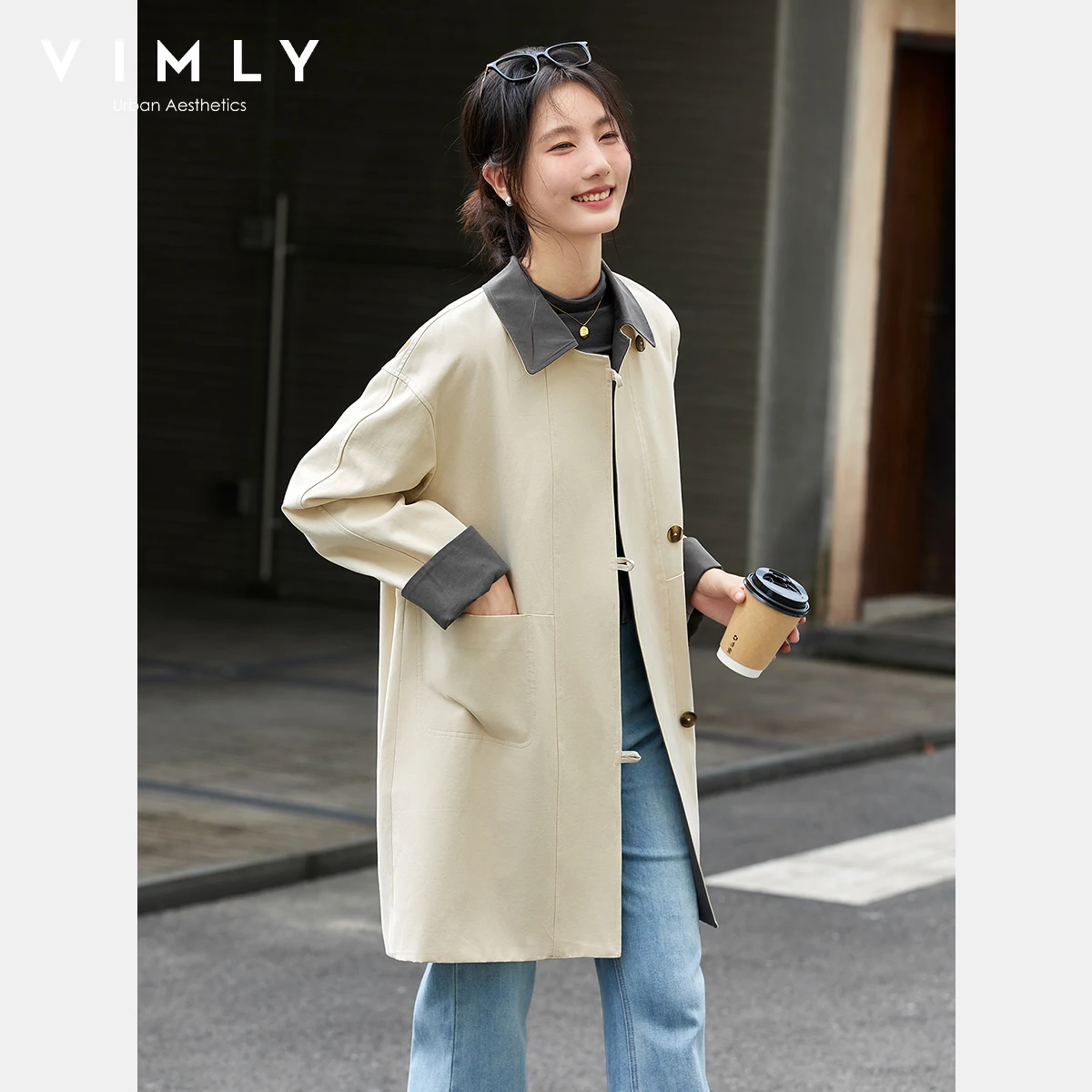 VIMLY Midi Trench Coat Woman Office Wear Contrast Color Women's Autumn Coat 2025 Turn-down Neck Long Sleeve Ladies Coats A2219
