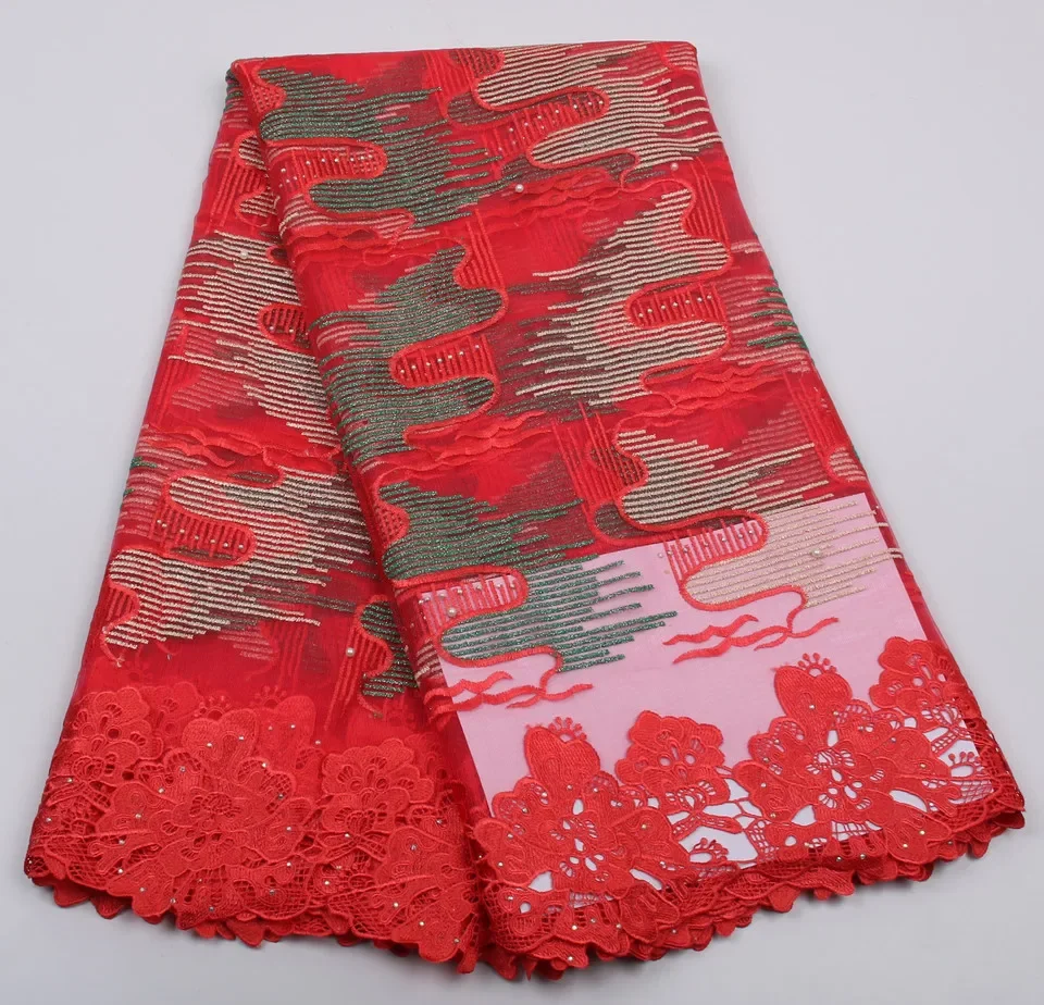 

High quality African Guipure Lace Fabric for sewing african cord lace.Red Color Beaded Rhinestones Lace Fabric For Wedding C446