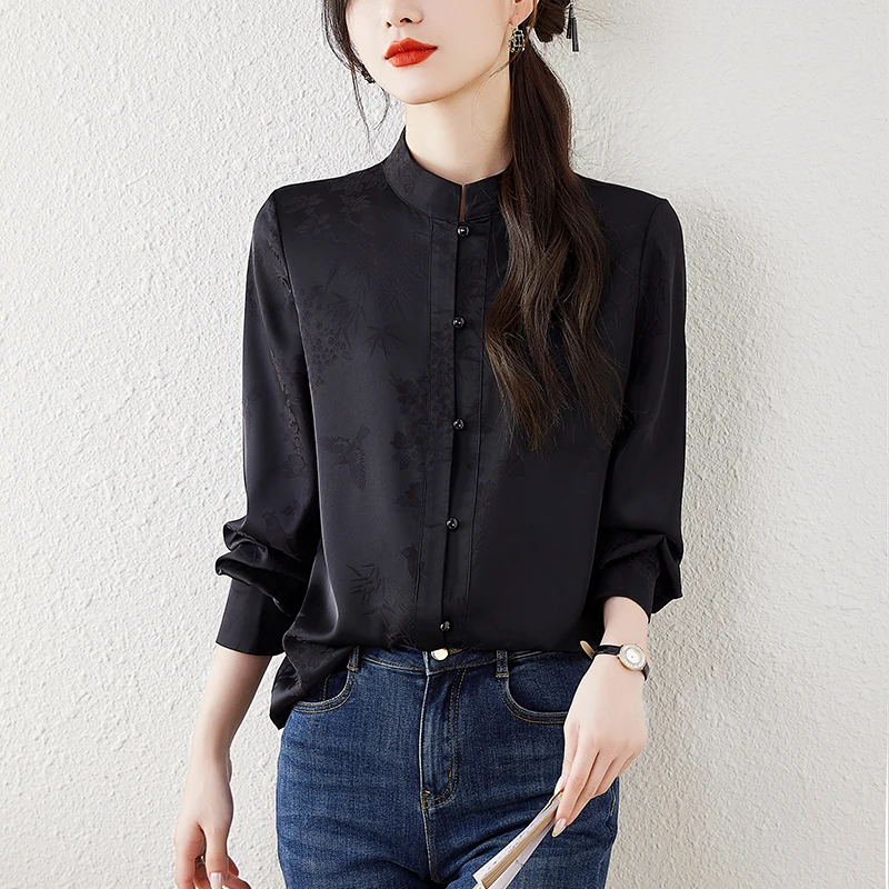 

Women Spring Autumn Silk Blouses Shirts Chic Chinese Style Printed Long Sleeve Stand Collar Blusas Tops Streetwear Clothes