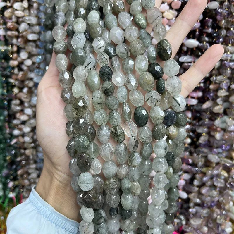 

Natural Crystal Green Hair Crystal Cut Angle Loose Beads Football Surface Cut Hand Chain Semi-Finished Jewelry Necklace Gift15“