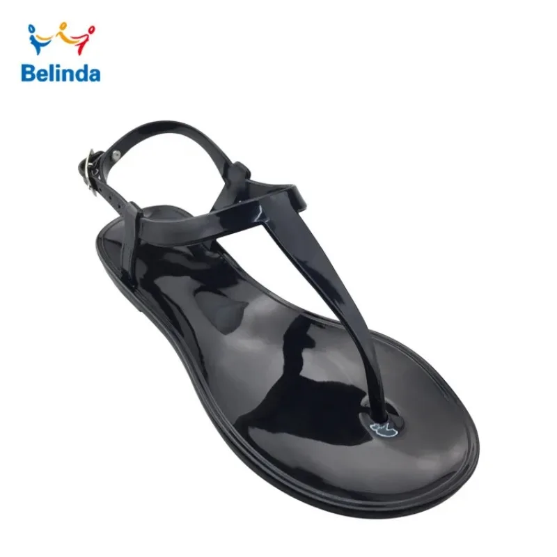 Fashion Women Sandals Outdoor Beach Flat Sole Sandals Pure Color PVC Flip Flops Waterproof Lightweight Sandals with Ankle Strap