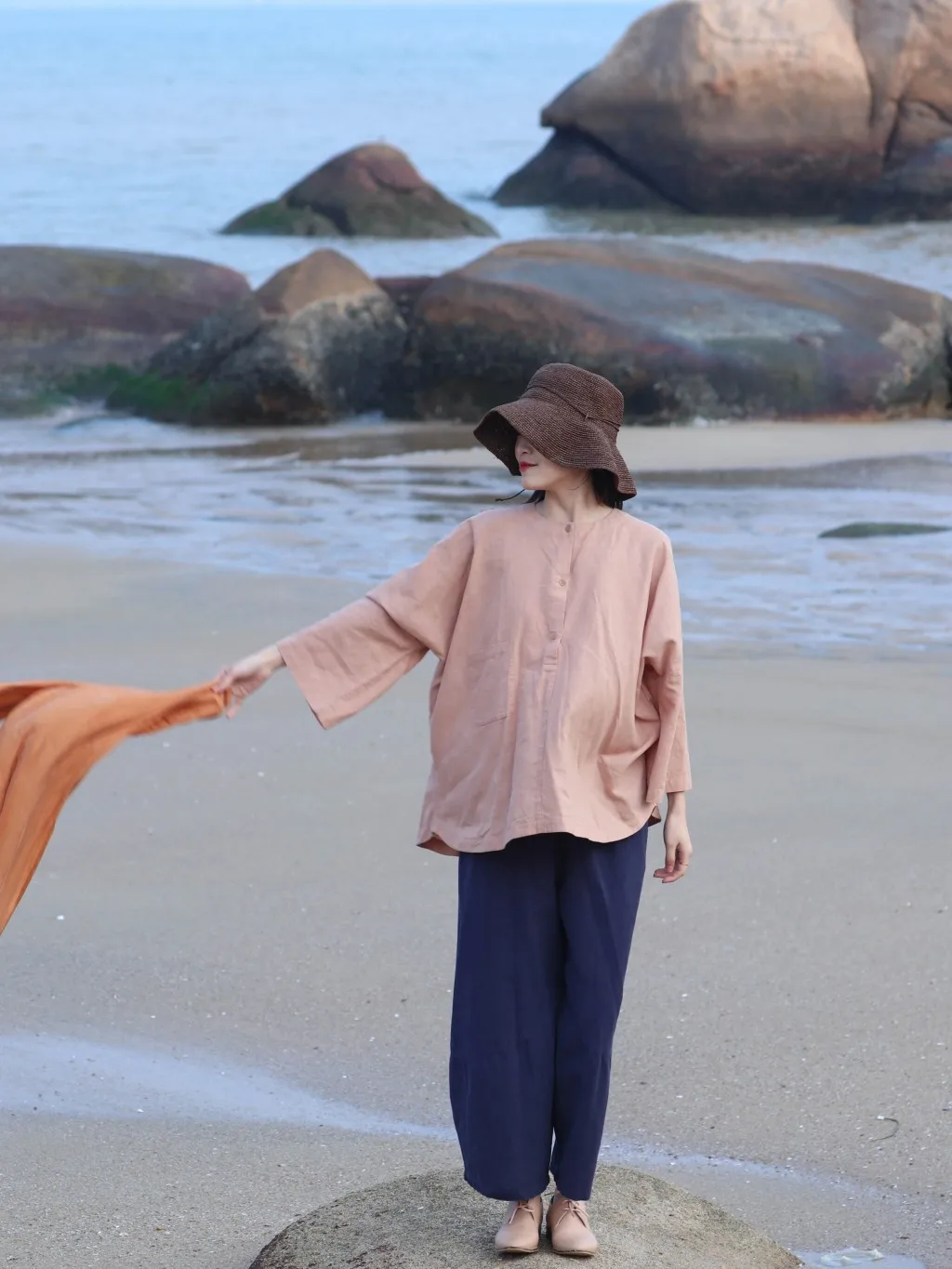 

ex Loose Fit Linen irt Simple round Ne Pullover Long Sve Casual Vintage Sle Color Busin Commute Faion